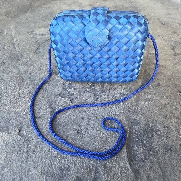 La Regale Handbags - Vintage La Regale Blue Satin Woven Clutch with Strap Gold Hardware Magnetic Snap